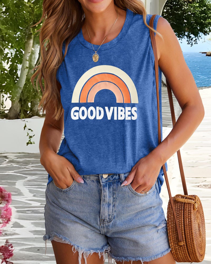 rosemia Womens Tank Tops Summer Letter Printed Sleeveless Casual Loose Tunic Blouses (Blue, 2XL) - Image 3